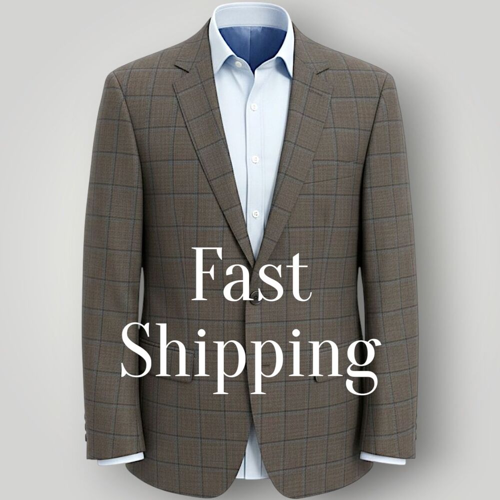 ENZO TOVARE Mens Blazer Sport Coat 2-Button Suit Jacket 40R Blue/Tan Wool Plaid